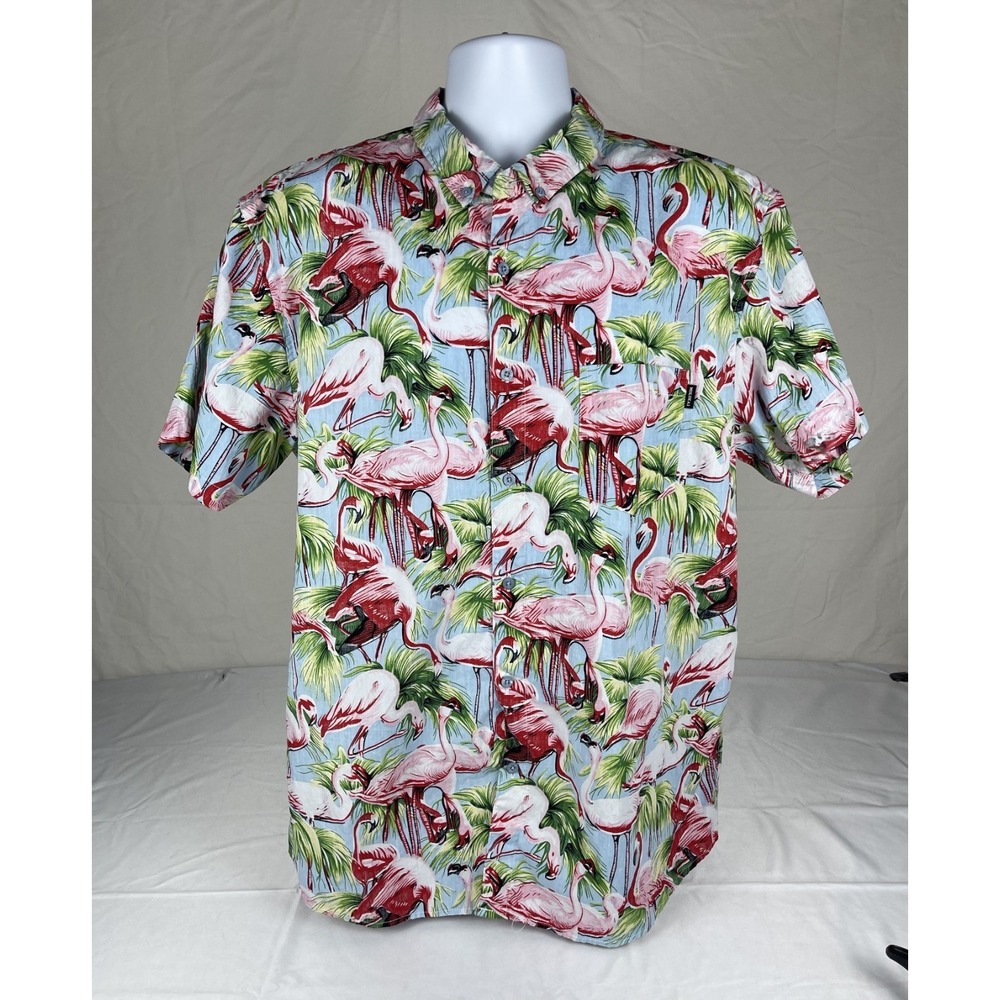 MOLOKAI SURF CO HAWAIIAN SHIRT MENS XXL FLAMINGO TROPICAL BUTTON FRONT 100% COTT